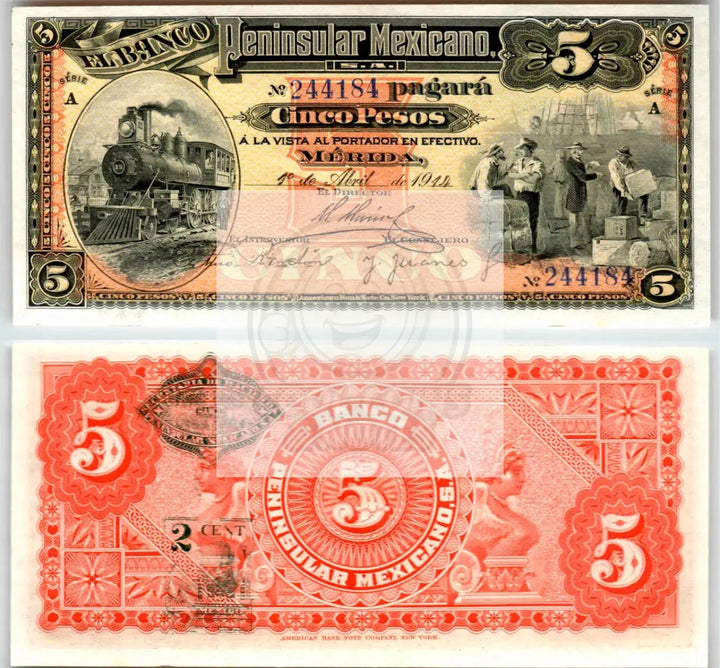 1914 BANCO PENINSULAR MEXICANO 5 PESOS - CU - Cool Coins & Notes