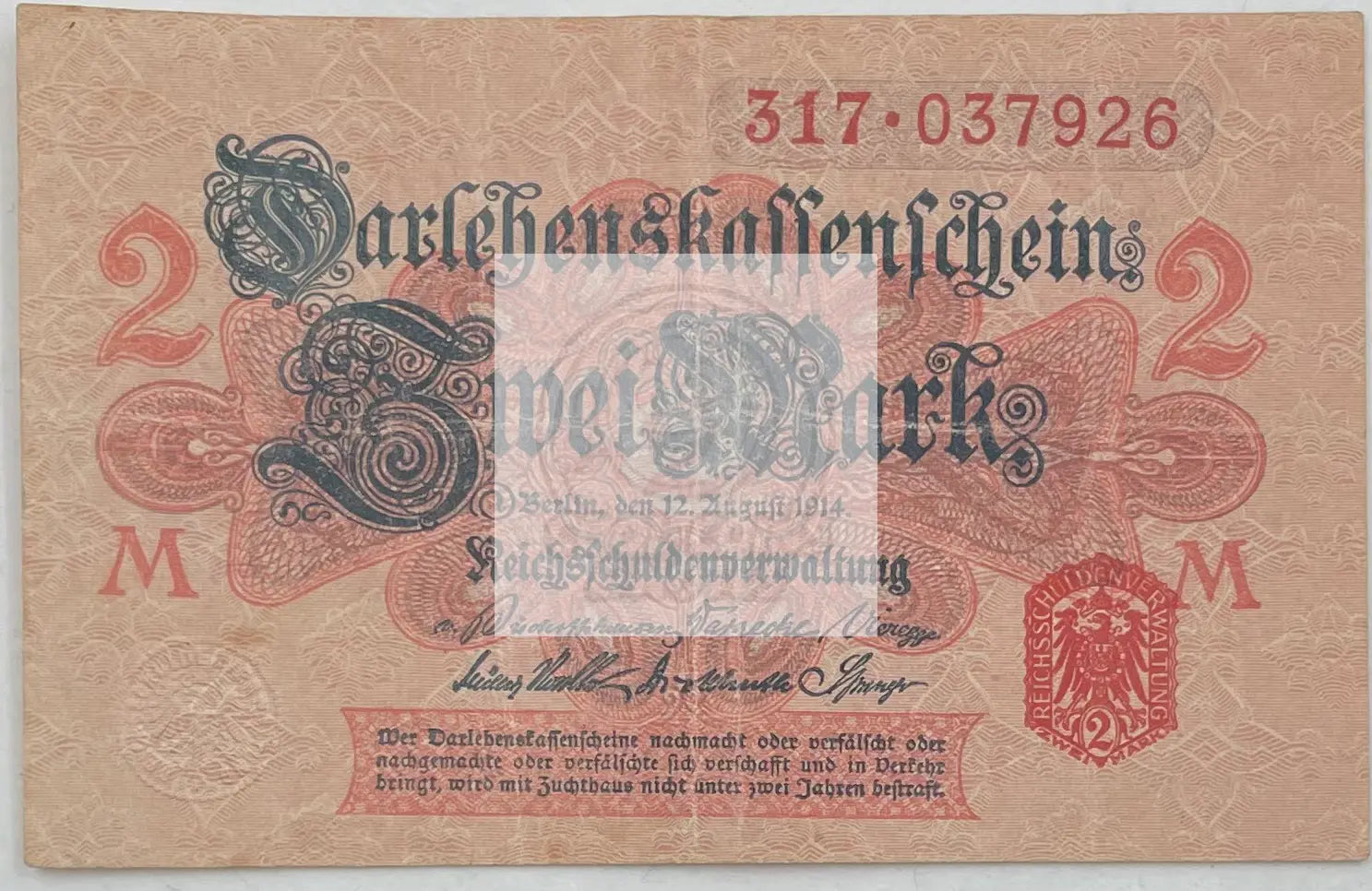 1914 Germany 2 Mark banknote vintage currency