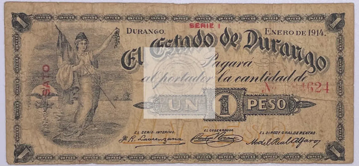 1914 Mexico 1 Peso El Estado de Durango S#731a Banknote - Cool Coins & Notes