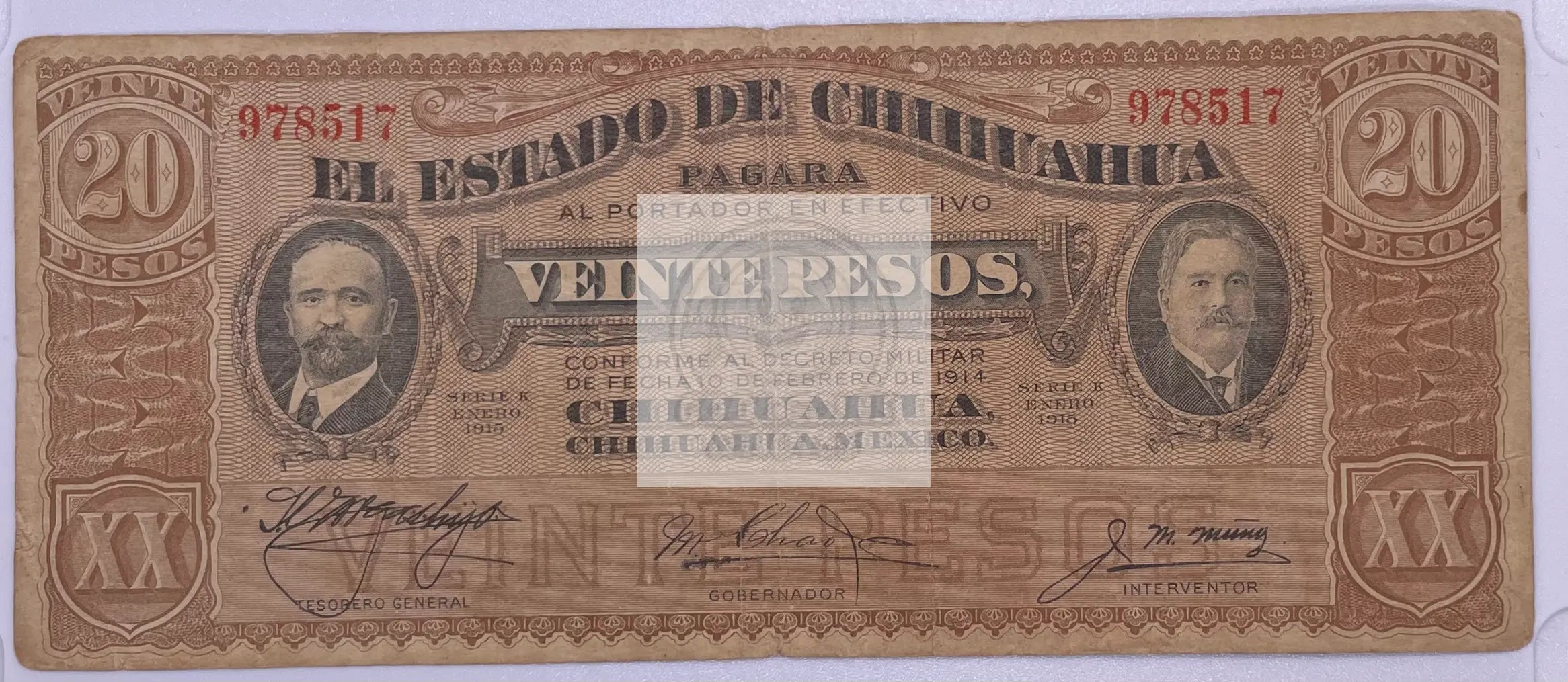 1914 Mexico El Estado De Chihuahua 20 Pesos banknote from Mexican Revolution era with historical design and markings