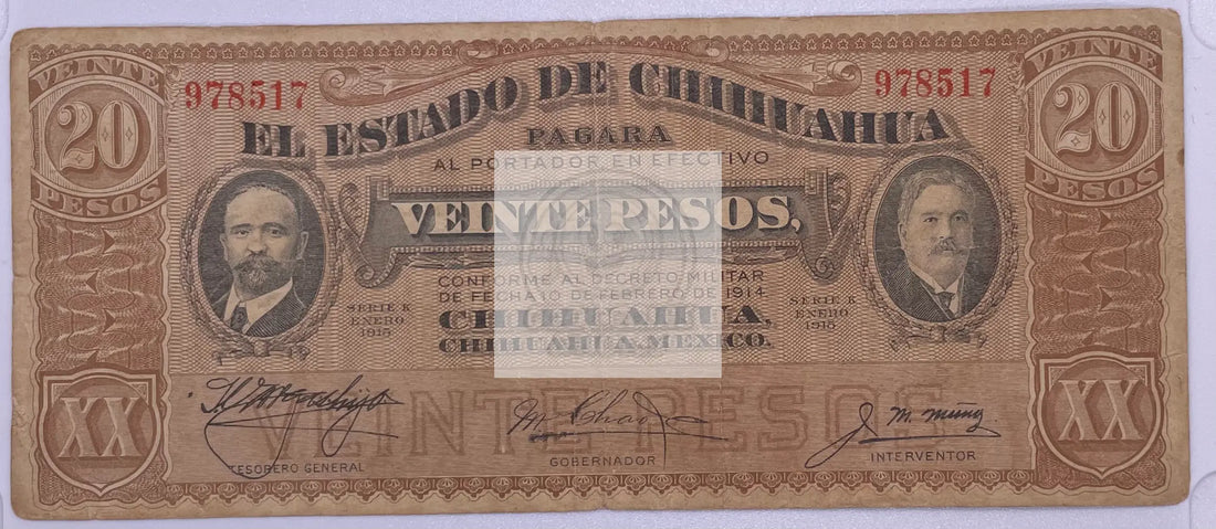 1914 Mexico El Estado De Chihuahua 20 Pesos Banknote - Cool Coins & Notes