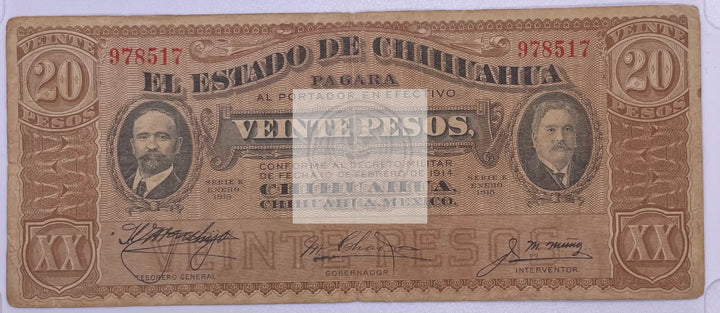 1914 Mexico El Estado De Chihuahua 20 Pesos Banknote - Cool Coins & Notes