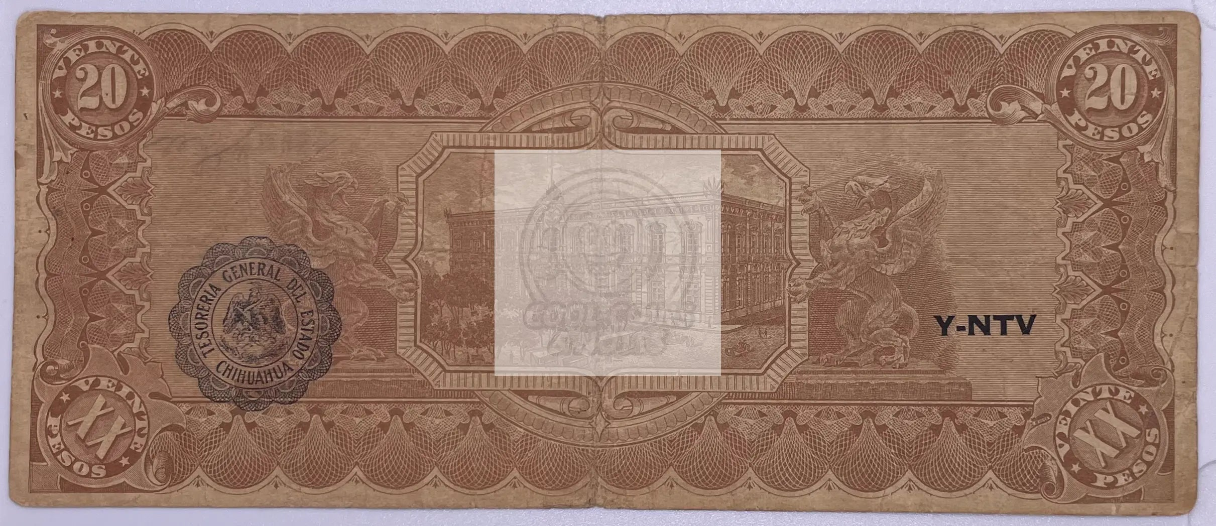 1914 Mexico El Estado De Chihuahua 20 Pesos banknote from Mexican Revolution era with historical design and security features