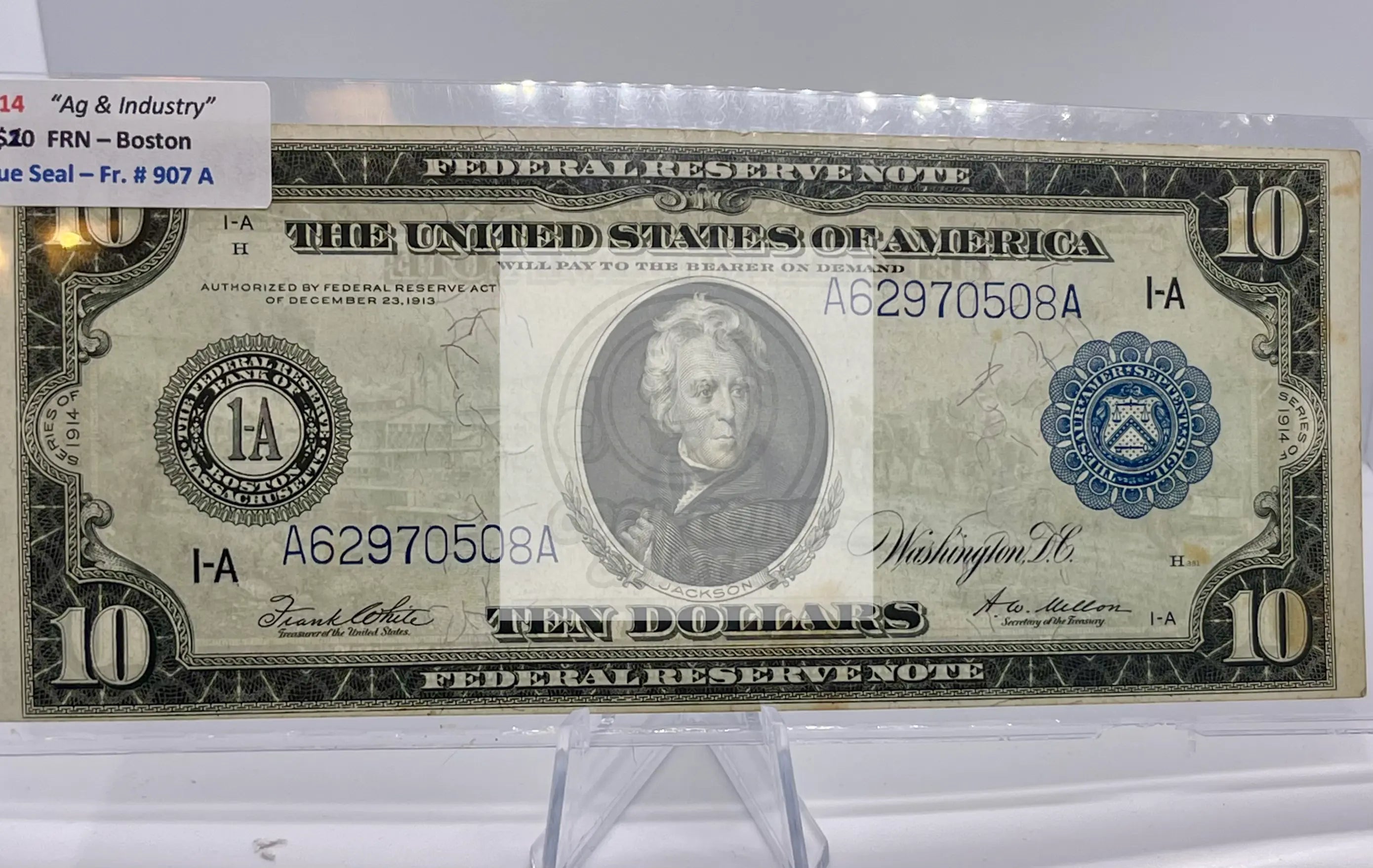 1914 $10 Boston, Federal Reserve Note, Blue Seal "Horse Blanket" FR. 907 A SM116 - Cool Coins & Notes