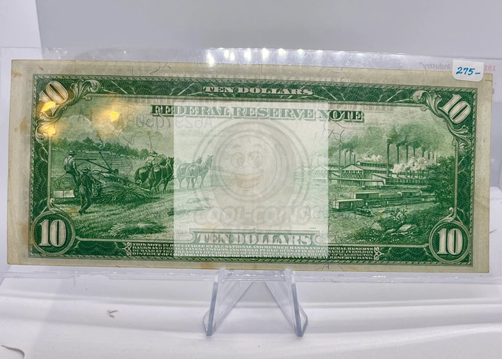1914 $10 Boston, Federal Reserve Note, Blue Seal "Horse Blanket" FR. 907 A SM116 - Cool Coins & Notes