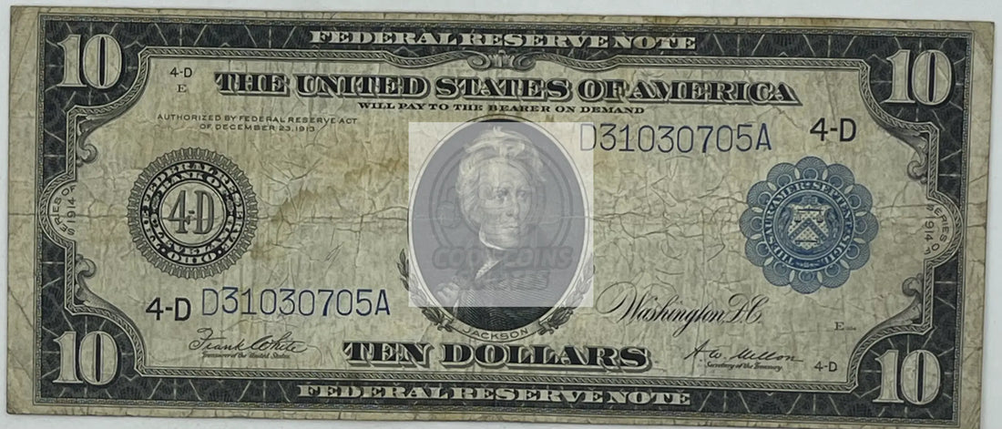 1914 "Ag & Industry" $10 Large FRN-Cleveland Blue Seal-FR.# 919 A Banknote - Cool Coins & Notes