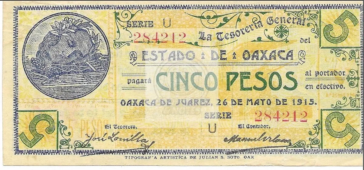 1915 Mexico 5 Peso banknote Estado Juarez P#S953d vintage currency
