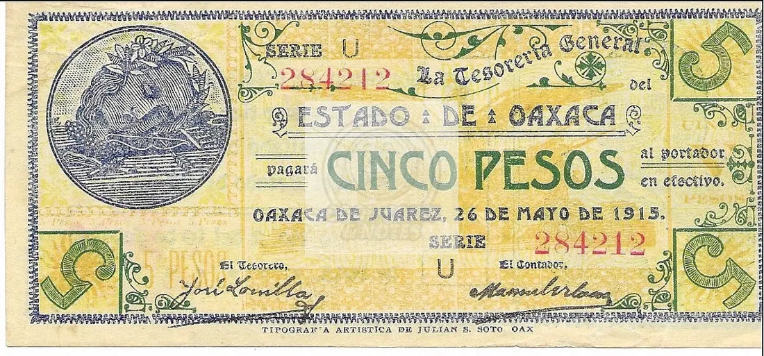 1915 MEXICO 5 PESO ESTADO JUAREZ  P#S953d - Cool Coins & Notes