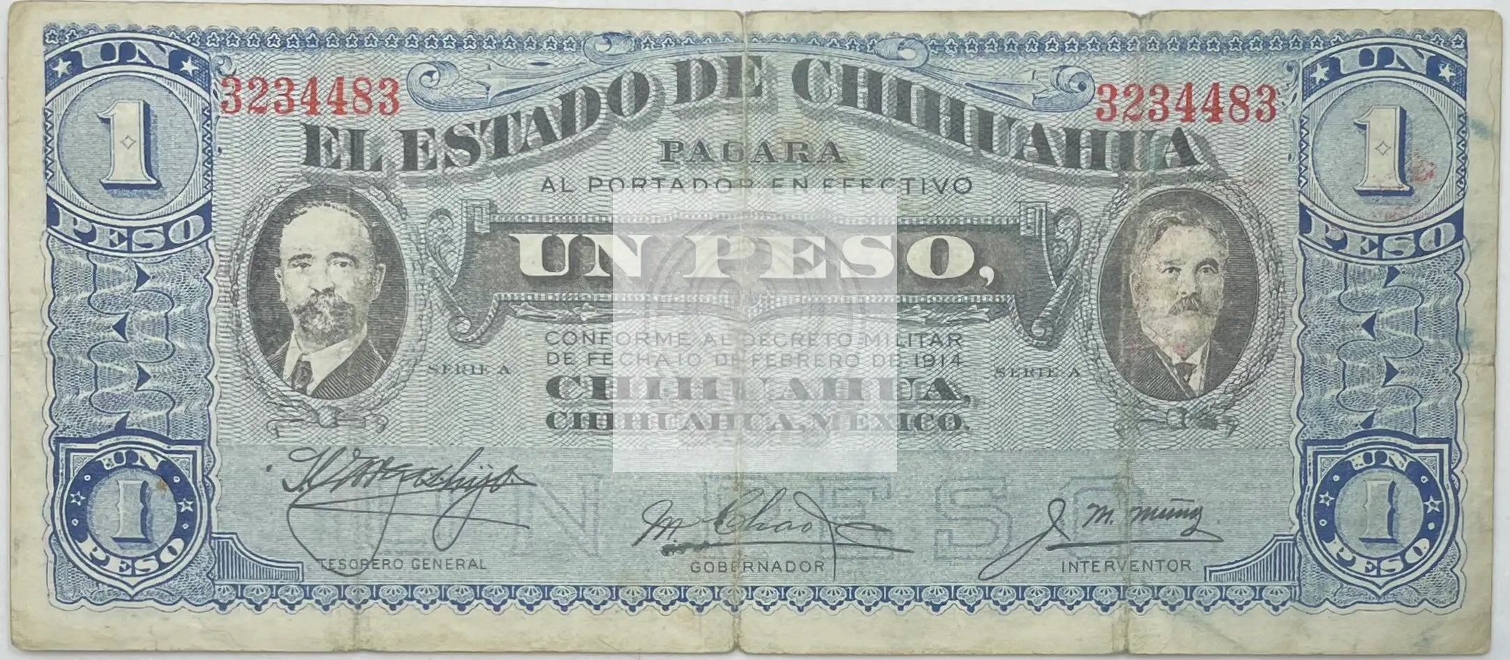 1915 Mexico 1 Peso Estado de Chihuahua S-530 banknote detailed design