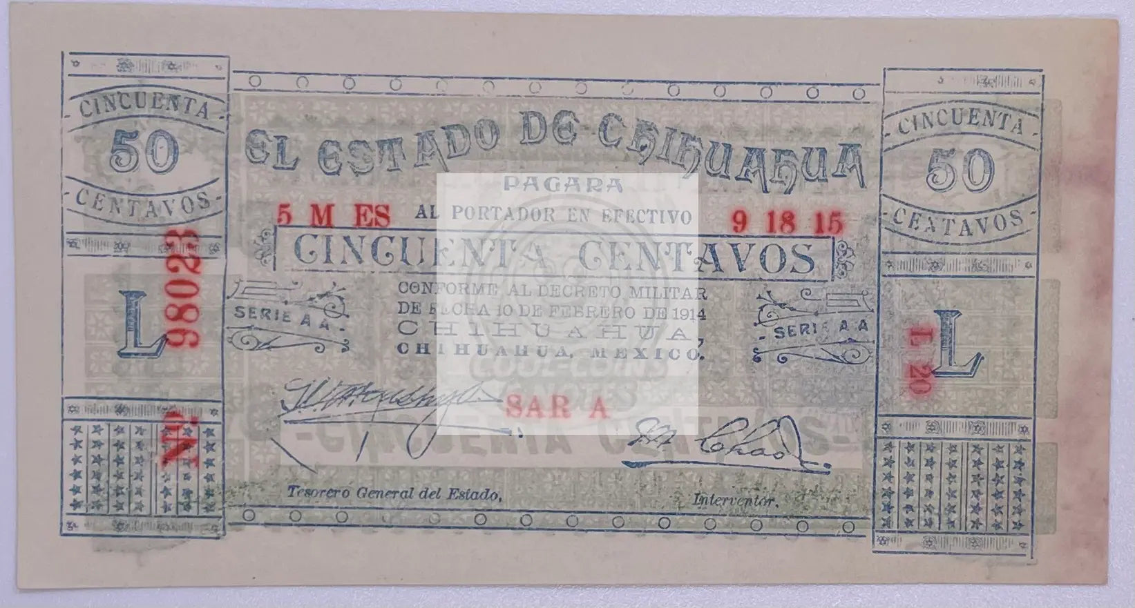 1915 Mexico 50 Centavos  Chihuahua S527a UNC Banknote - Cool Coins & Notes
