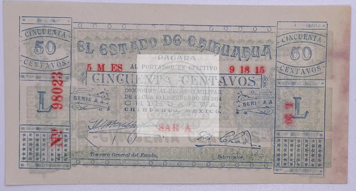 1915 Mexico 50 Centavos  Chihuahua S527a UNC Banknote - Cool Coins & Notes