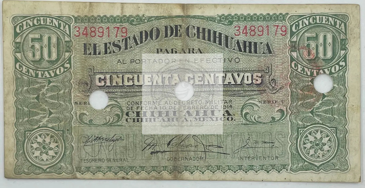 1915 Mexico 50 Centavos Estado de Chihuahua S-528e banknote close-up