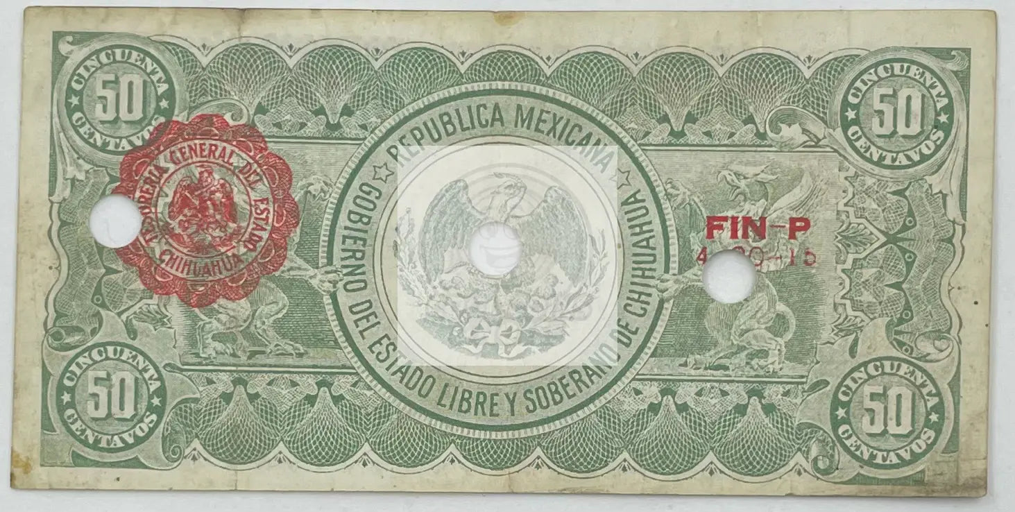 1915 Mexico 50 Centavos Estado de Chihuahua S-528e Banknote - Cool Coins & Notes