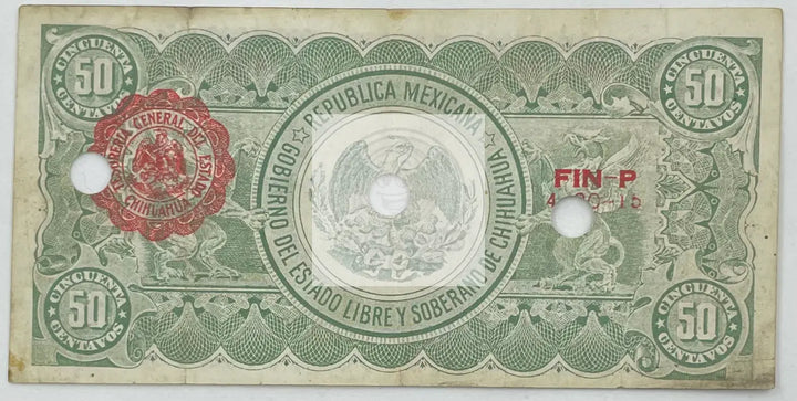 1915 Mexico 50 Centavos Estado de Chihuahua S-528e Banknote - Cool Coins & Notes