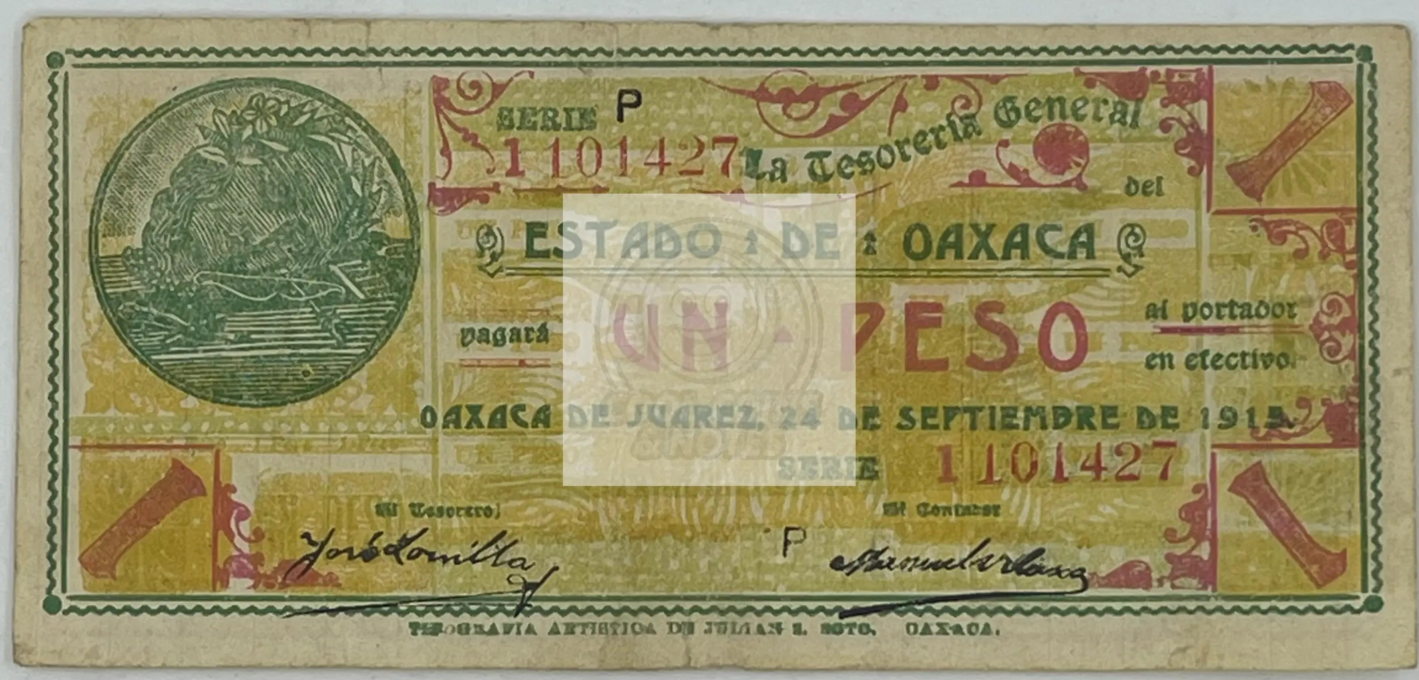 1915 Oaxaca Mexico 1 Peso banknote P-S953a in very fine condition with detailed engravings from Mexican Revolution era