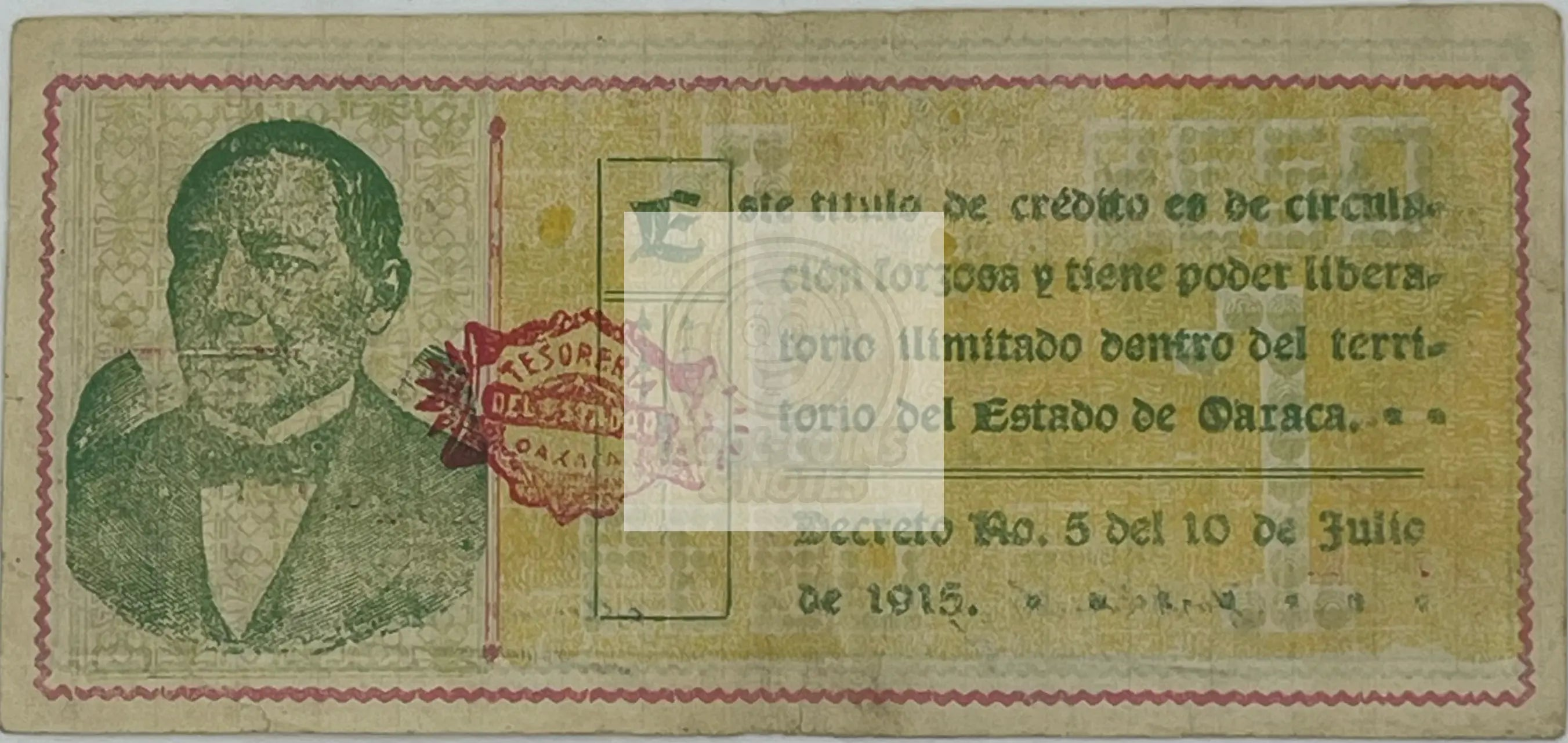 1915 Oaxaca Mexico 1 Peso banknote P-S953a in very fine condition with intricate engravings and historical design