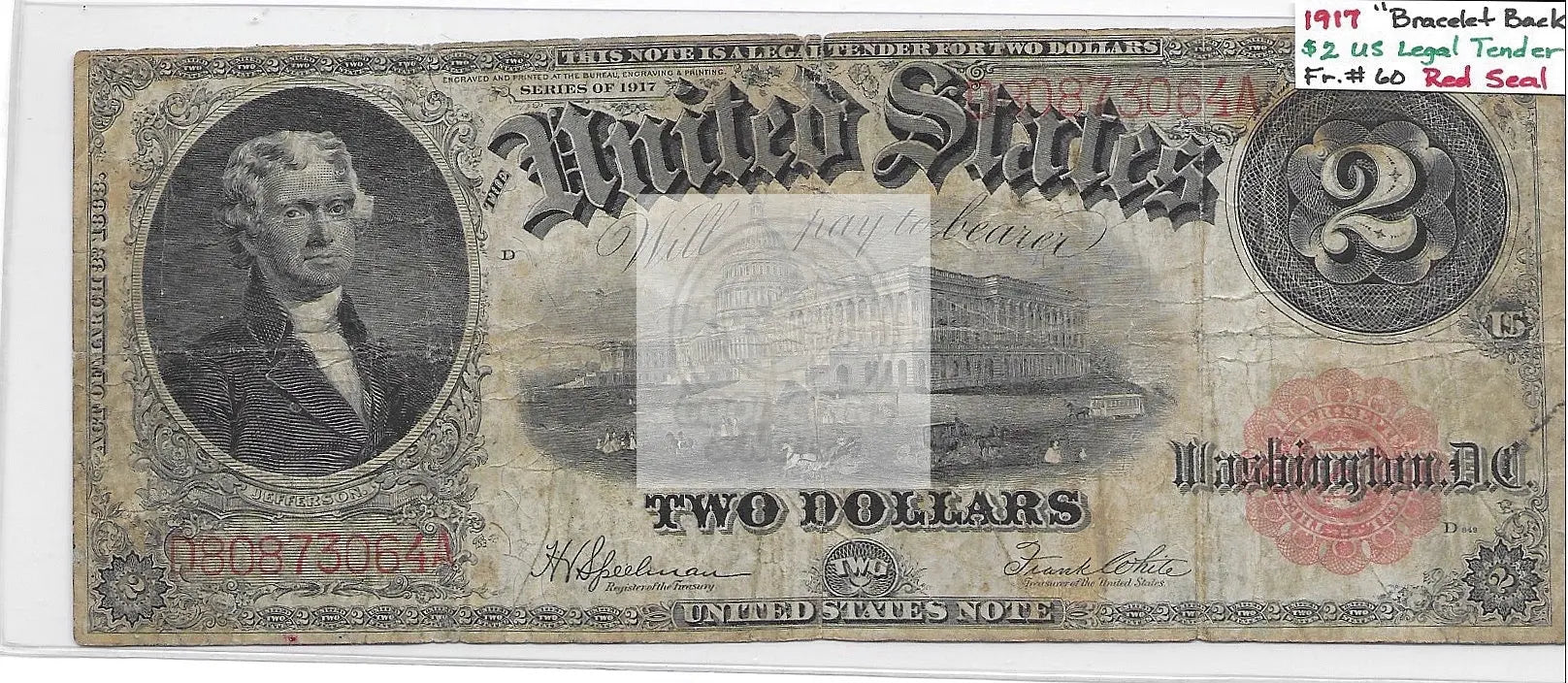 1917 Bracelet Back $2 US Legal Tender Red Seal banknote with unique design and red seal