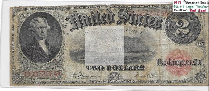 1917 Bracelet Back $2 US Legal Tender Red Seal Fr# 60 Banknote - Cool Coins & Notes