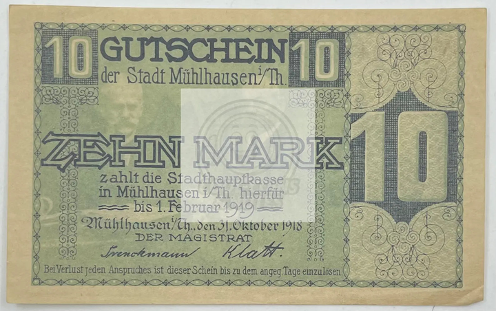 1919 Germany Thuringia 10 Mark 364.02 banknote front view