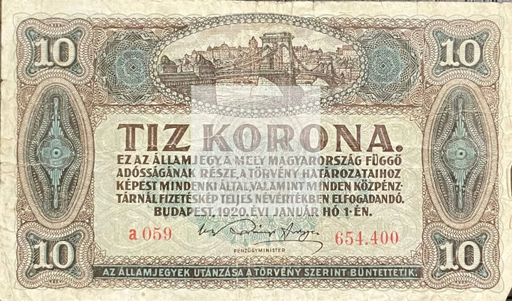 1920 Hungary 10 Korona Circulated Banknote Cool Coins & Notes 