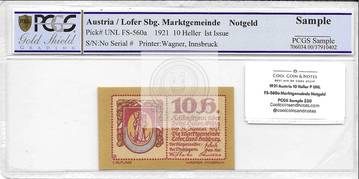 1921 Austria 10 Heller P UNL FS-560a Marktgemeinde Notgeld PCGS Sample - Cool Coins & Notes