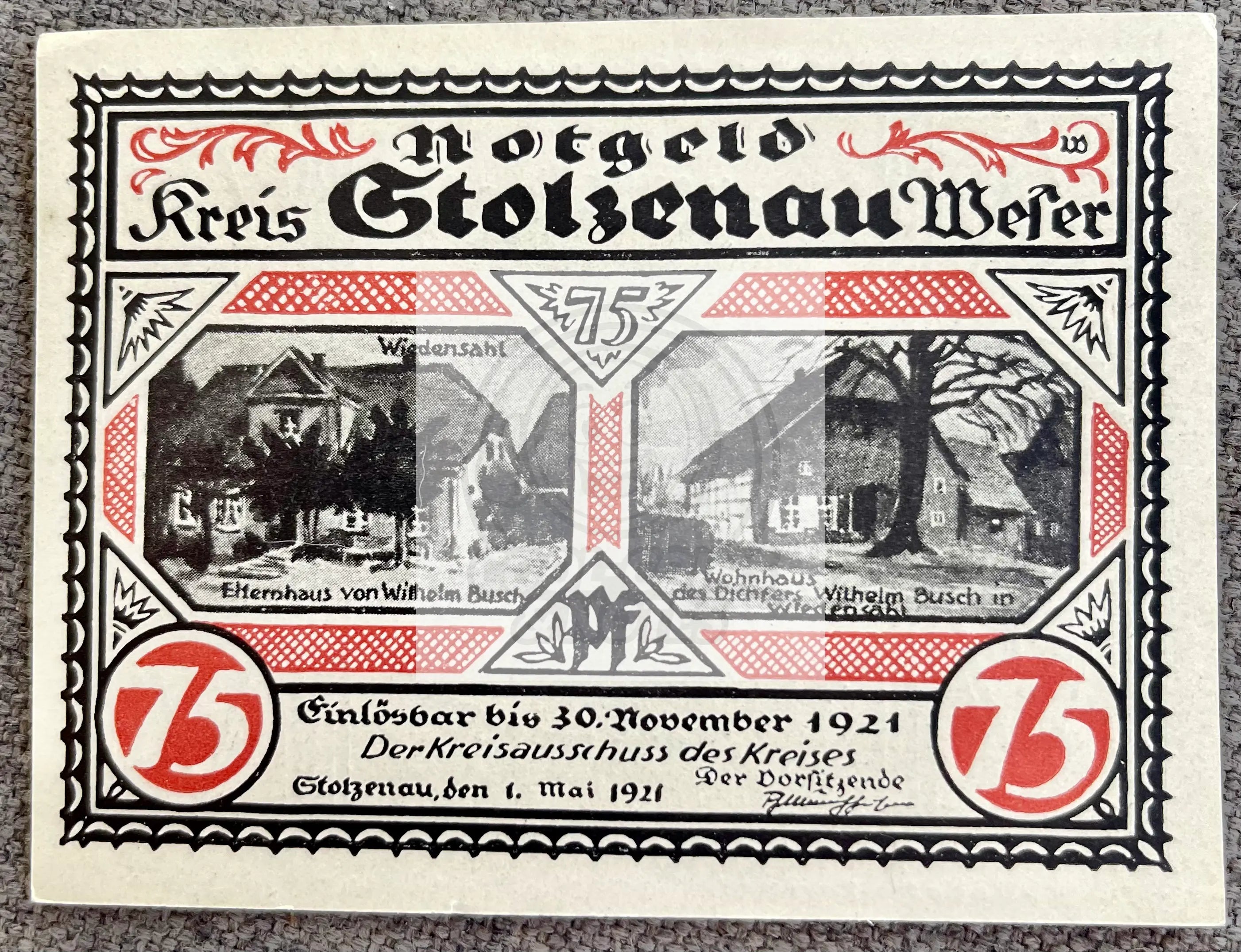 1921 Notgeld Germany, Stolzenau, 75 Pfenning UNC - Cool Coins & Notes