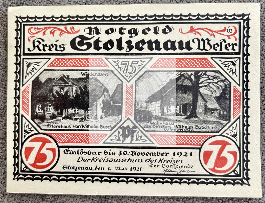 1921 Notgeld Germany, Stolzenau, 75 Pfenning UNC - Cool Coins & Notes