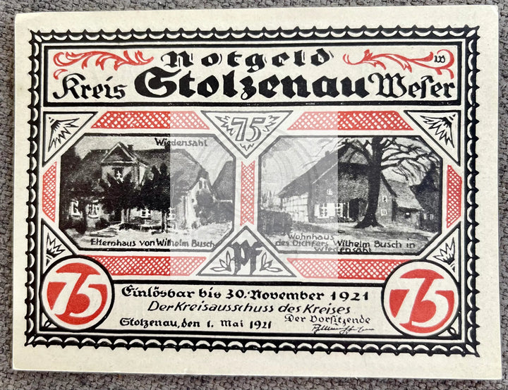 1921 Notgeld Germany, Stolzenau, 75 Pfenning UNC - Cool Coins & Notes