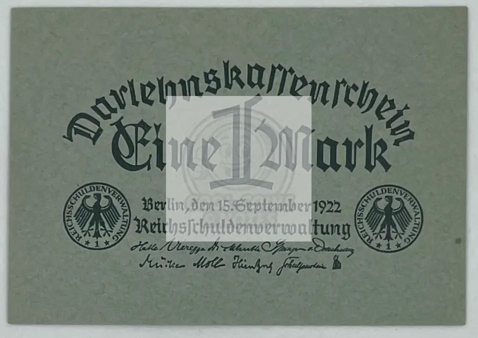 Germany 1922 1 Mark banknote P-61 in About Uncirculated condition showing historical Weimar Republic currency design