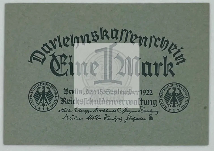 Germany 1922 1 Mark banknote P-61 in About Uncirculated condition showing historical Weimar Republic currency design