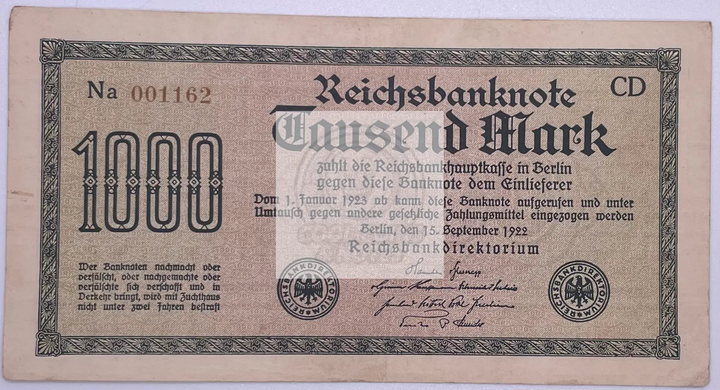 1922 Germany 1000 Mark P76 banknote front side