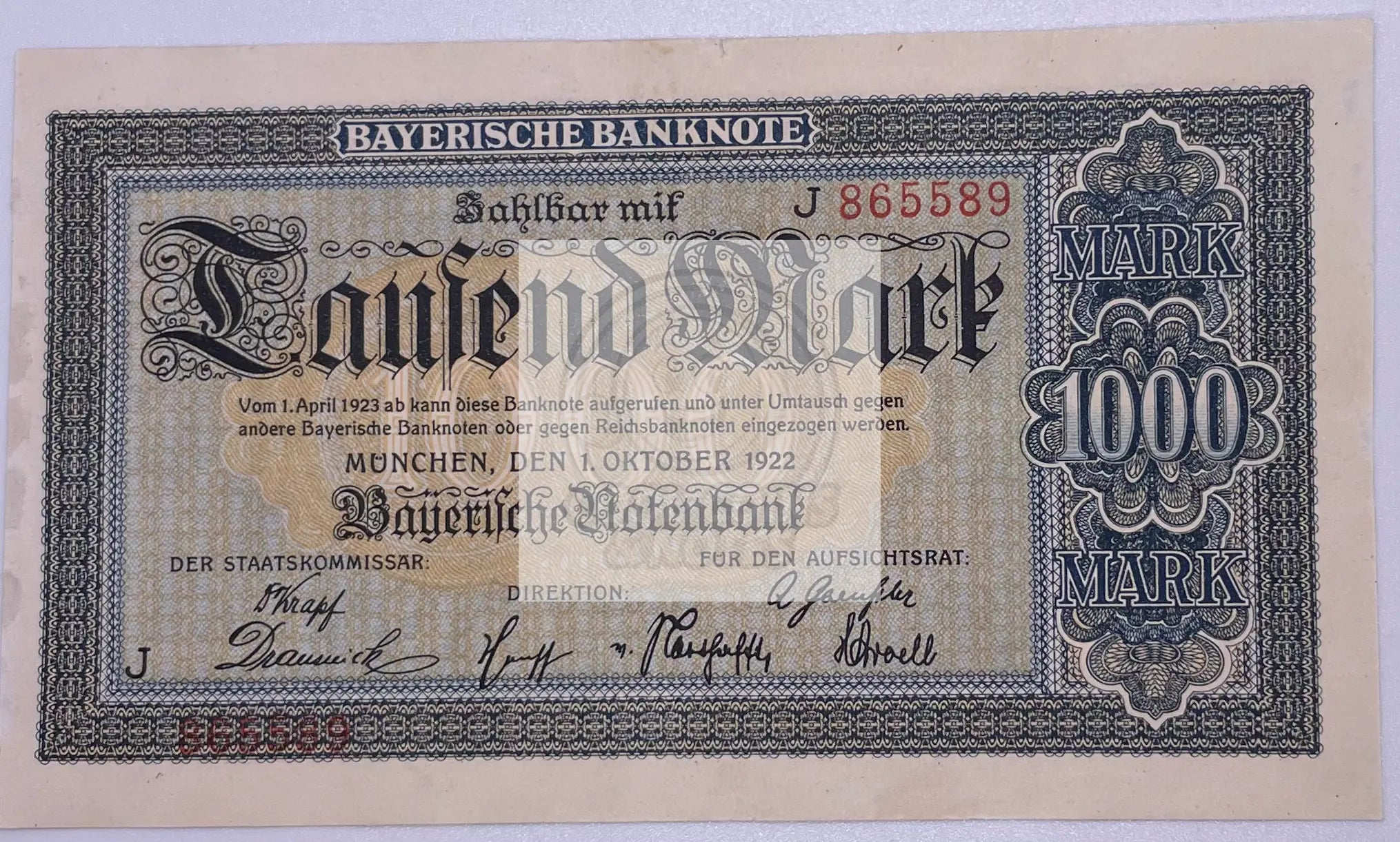 1922 Germany-Bavaria 1000 Mark Banknote in uncirculated condition with intricate historical design