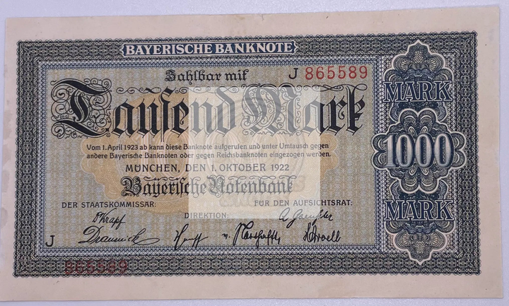 1922 Germany-Bavaria 1000 Mark Banknote in uncirculated condition with intricate historical design