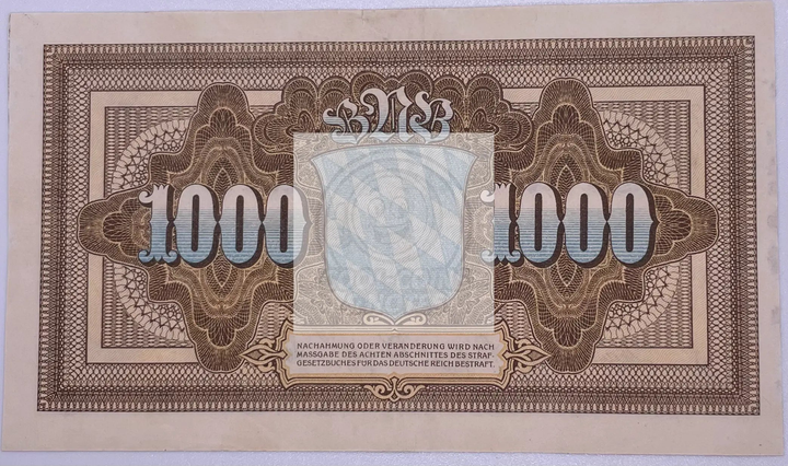 1922 Germany-Bavaria 1000 Mark Banknote uncirculated vintage currency