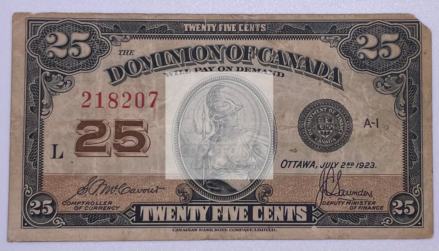 1923 Canada 25 cents P-11b UNC banknote close-up