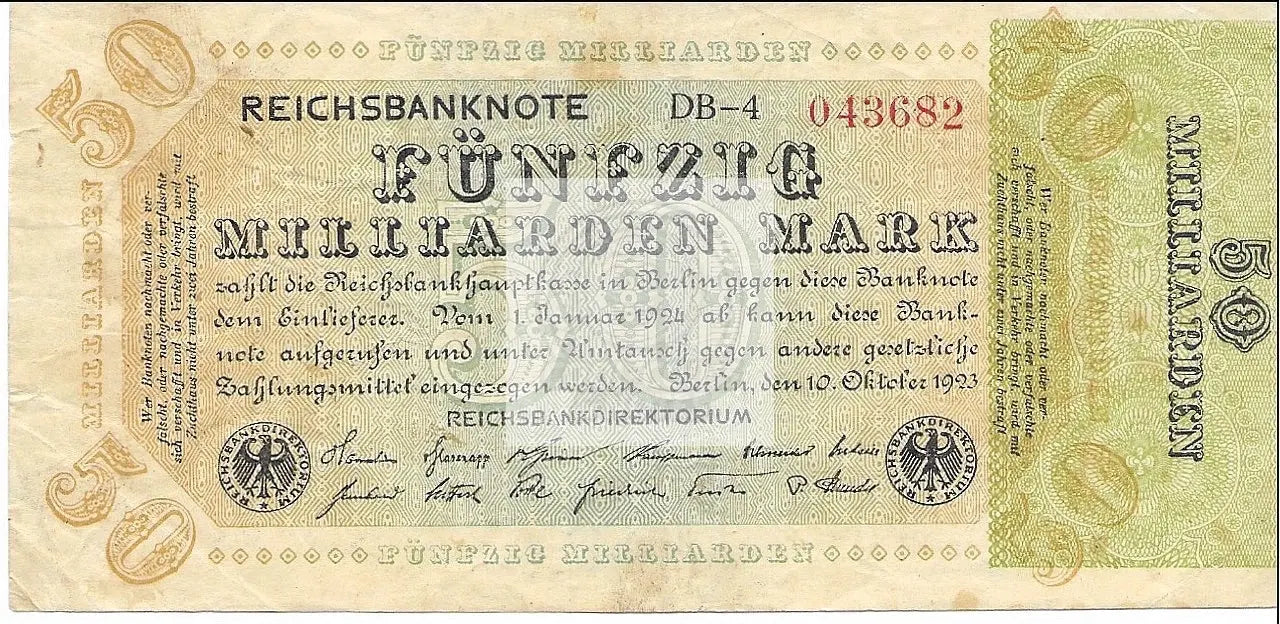 1923 German Weimar Republic 50 Milliarden Mark banknote close-up