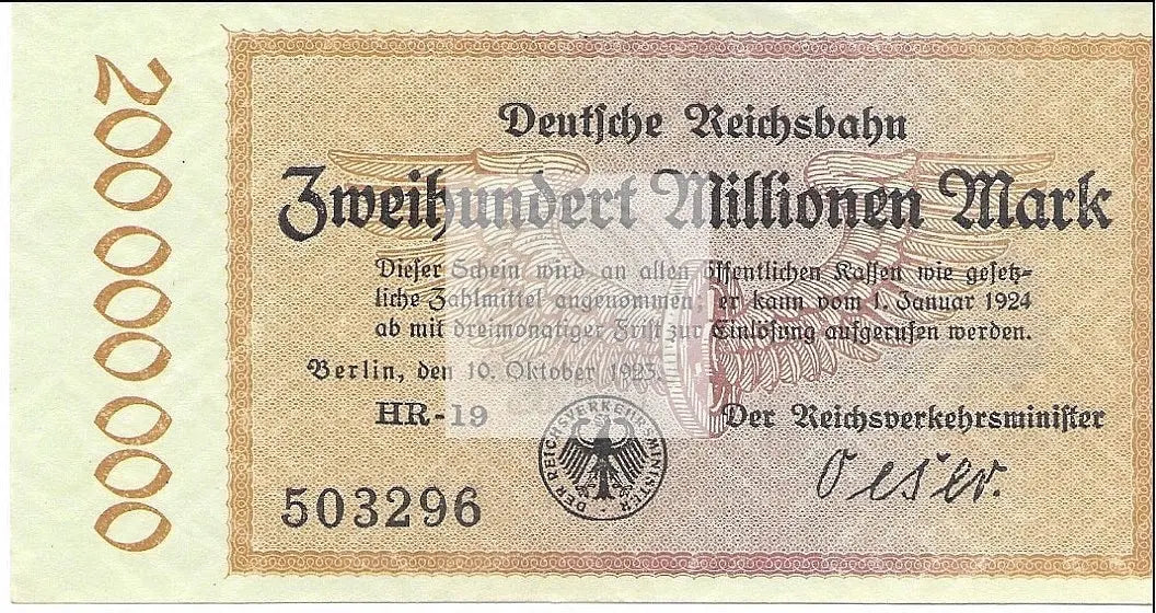 1923 Germany 200 Million Mark banknote P-S1018 in AU condition displaying hyperinflation era currency