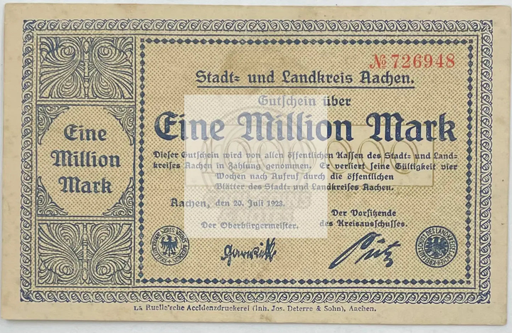 1923 Germany Aachen 1 Million Mark Inflation Notgeld Banknote