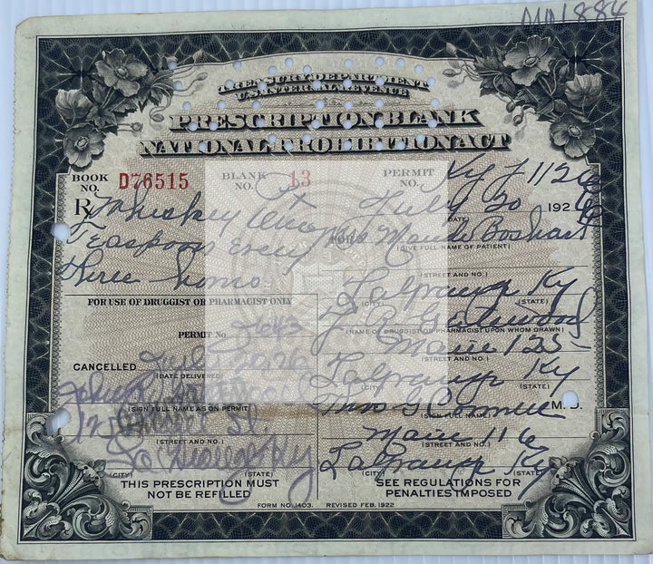 1926 Prohibition Spiritous Fermentus Whiskey Prescription Kentucky - Cool Coins & Notes