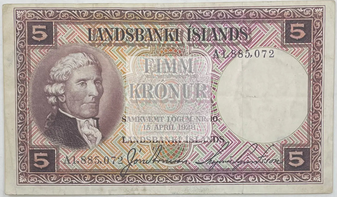 1928 Iceland  5 Kronur  P-27b.1, Used World Banknote - Cool Coins & Notes