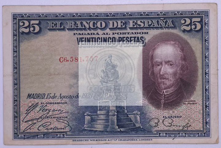 1928 Spain 25 Pesetas P 74 Banknote - Cool Coins & Notes