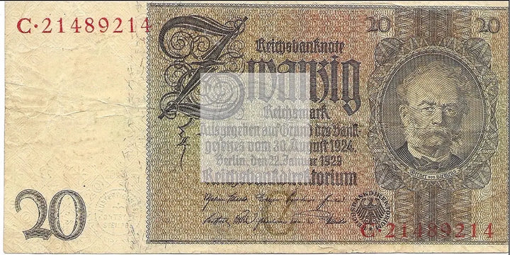 1929 Germany 20 Mark P-181 Used Banknote - Cool Coins & Notes