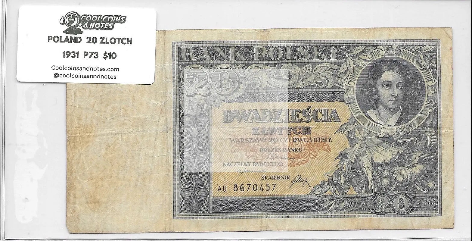 1931  Poland  20 Zlotych  P-73  Banknote - Cool Coins & Notes