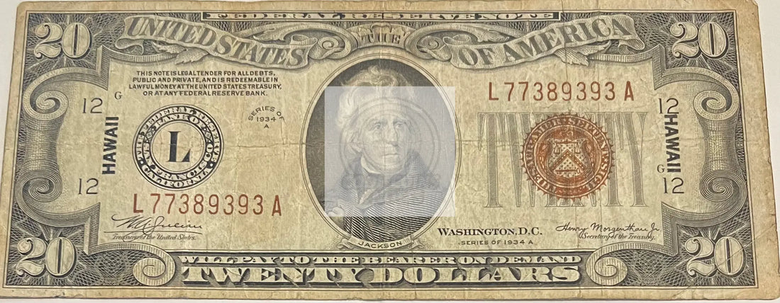 1934 A Twenty Dollar Hawaii WWII P-41 Emergency Issue Brown Seal Silver Certificate, - Cool Coins & Notes