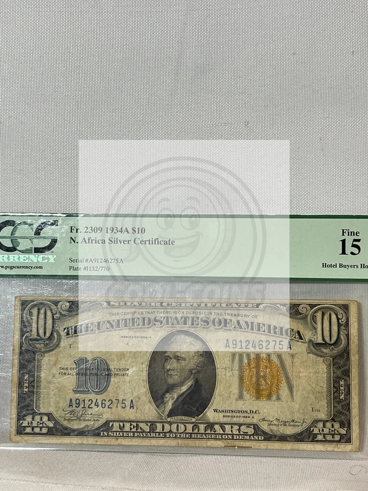 1934A North Africa Silver Certificate $10 note graded PCGS Fine with moderate wear and yellow Treasury seal