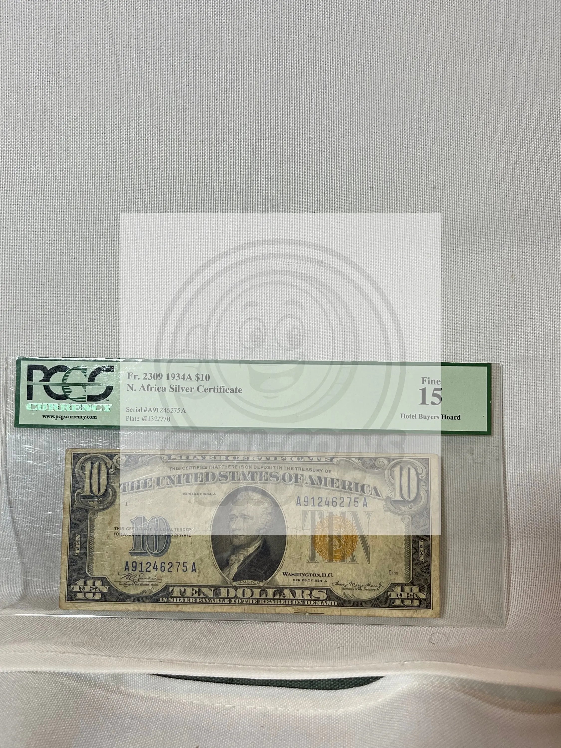 1934A North Africa Silver Certificate $10 bill graded PCGS Fine with yellow Treasury seal