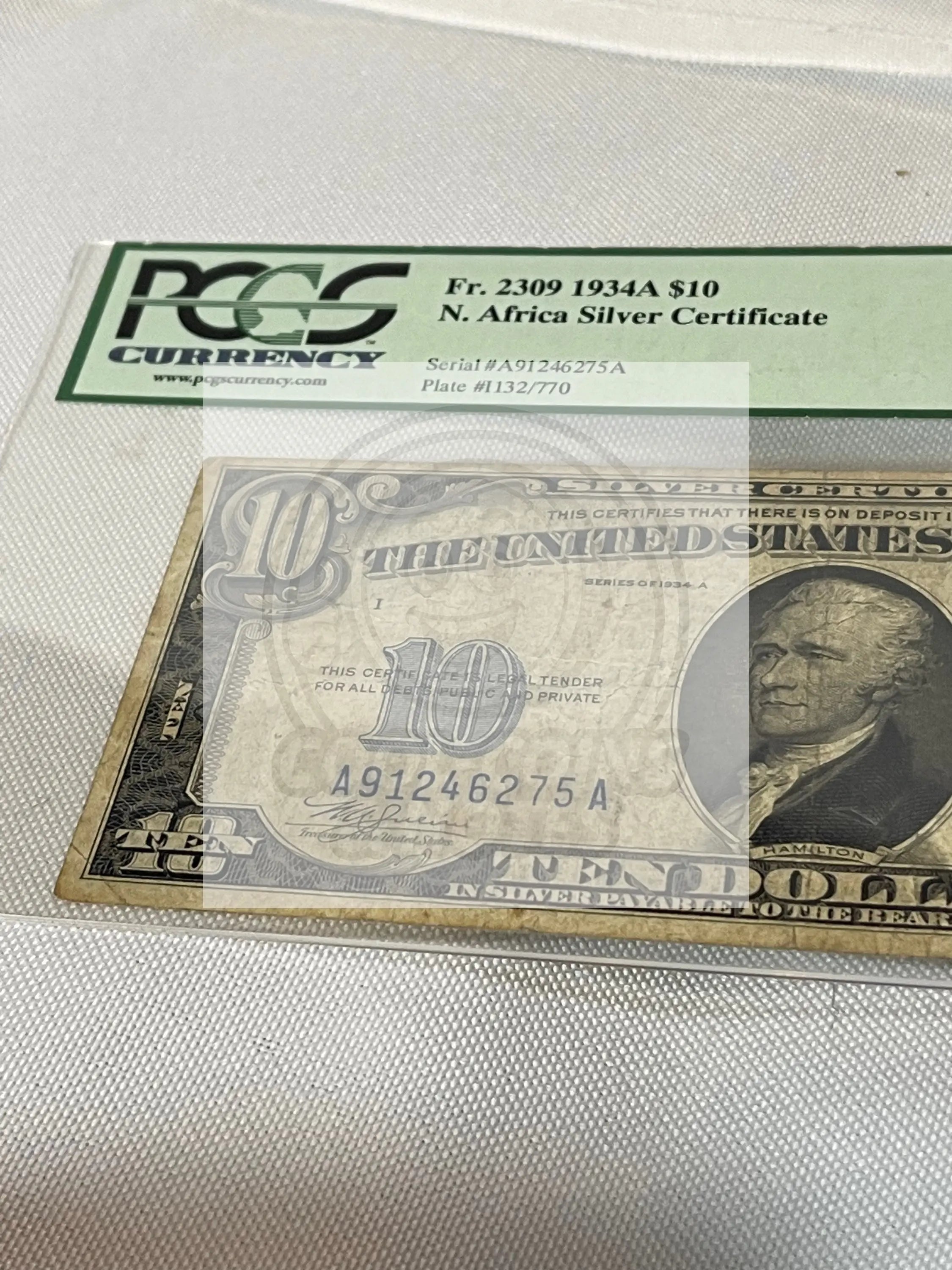 1934A North Africa Silver Certificate $10 graded PCGS Fine with yellow Treasury seal and WWII military design