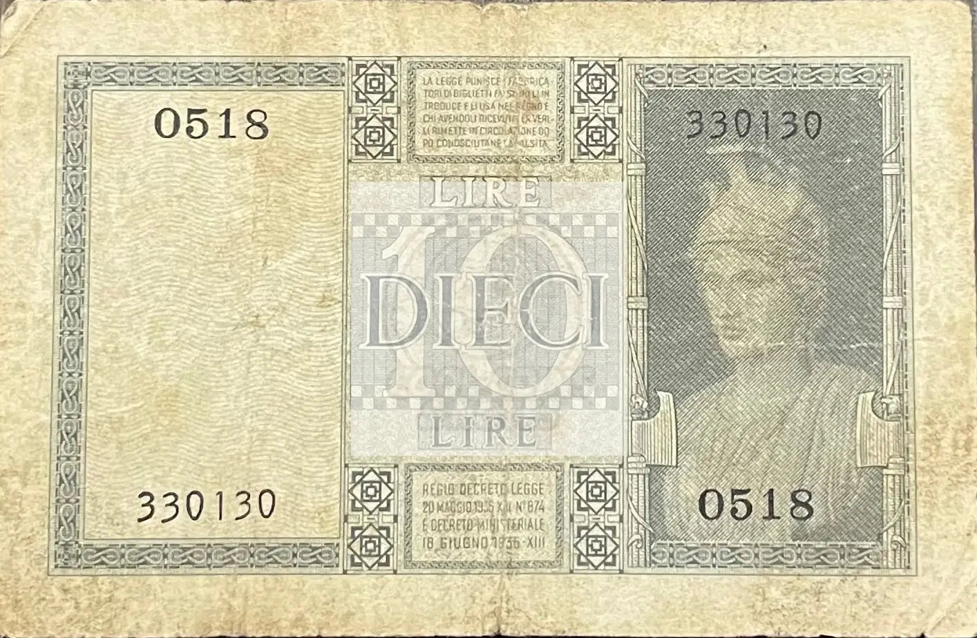 1935 Italy 10 Lire P-25 Circulated World Banknote Cool Coins & Notes 
