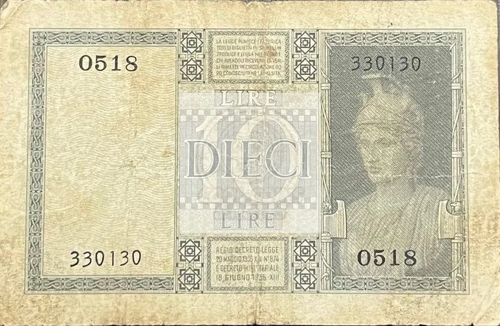 1935 Italy 10 Lire P-25 Circulated World Banknote Cool Coins & Notes 