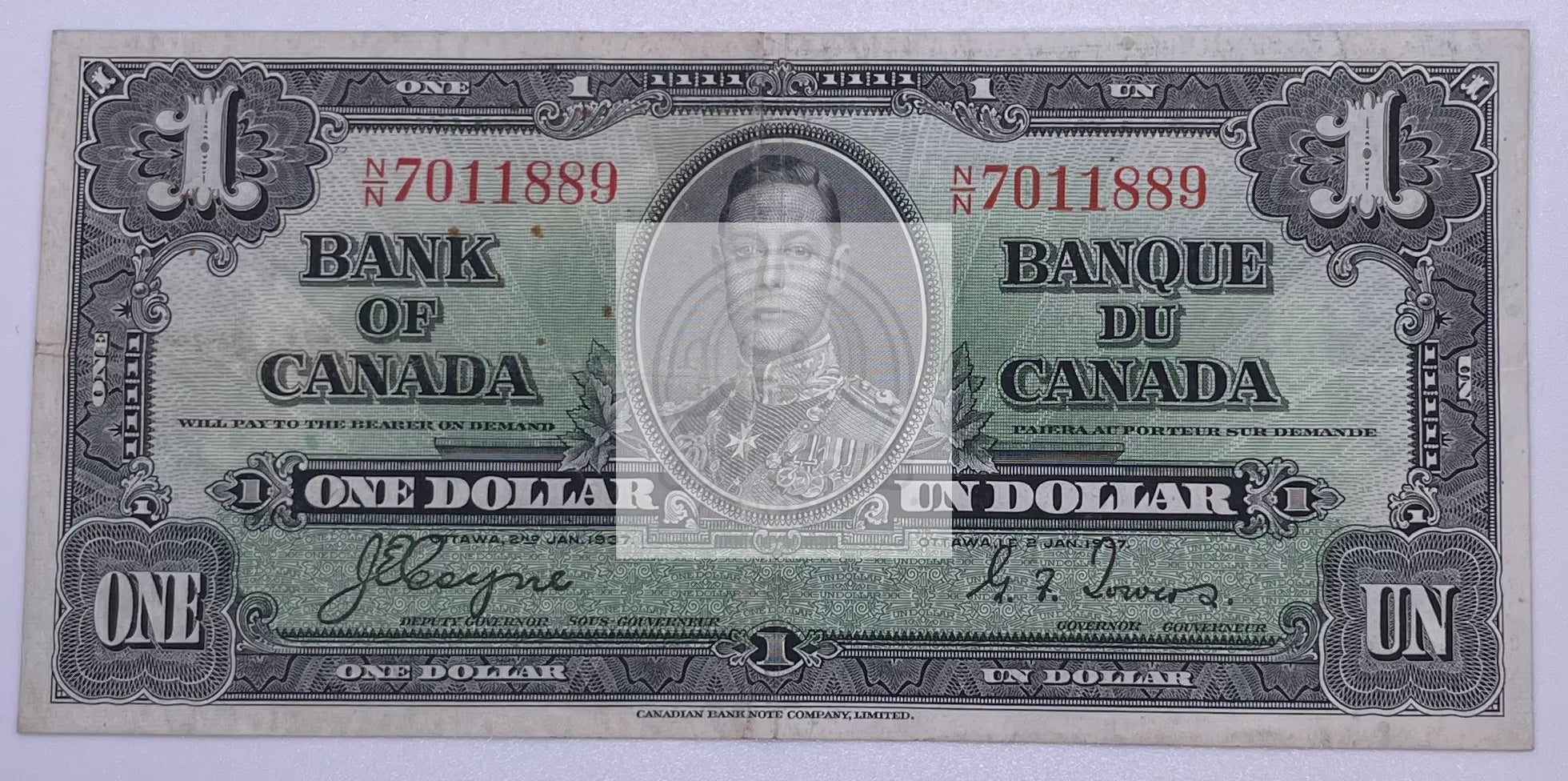 1937 Canada $1 Dollar BC-21d banknote vintage currency